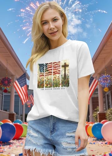 Image of Ithalt Christian Tshirt Womens 4th of July Shirt American Flag T Shirt USA Patriotic Tees Faith Short Sleeve Tops
