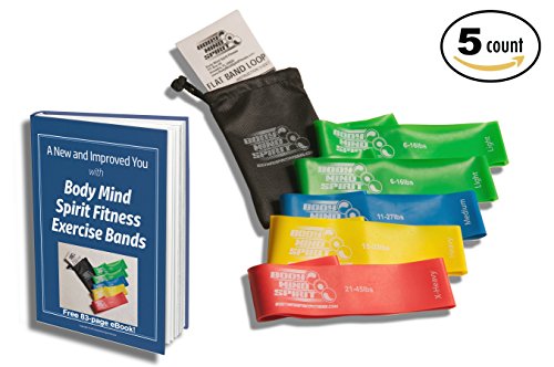 Body Mind Spirit Fitness 5 Exercise Bands / 2 Light, 1 Medium, 1 Heavy & 1 Extra Heavy/Bonus Carrying Case/Free E-Book