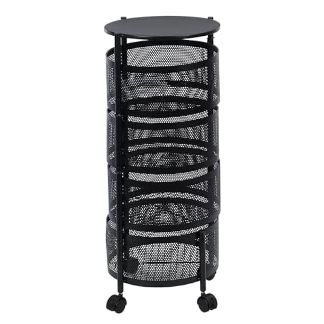 Rotating Fruit Basket for Kitchen,3/4/5 Tier Circular Rotating Basket with Top Lid,Fruit and Vegetable Metal Wire Shelf with Wheels,Large Storage Rack,Mobile Utility Cart for Kitchen Living-dCBNbxzA