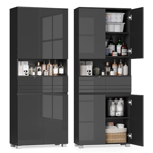 VASAGLE Armoire de Salle de Bain, Meuble de Rangement, Colonne, avec 2 Tiroirs, Étagères Réglables, Compartiments, 30 x 60 x 170 cm, Noir d'encre BBC563BH01