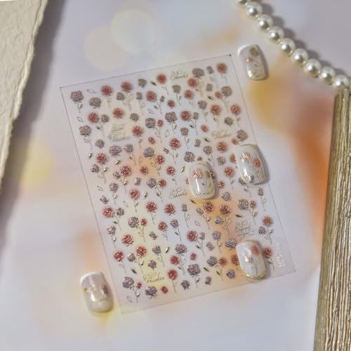 Image of Flower Nail Stickers Rose Nail Art Decals with Gold Design 5D Embossed Self Adhesive Nails Art Stickers Small Floral Nails Decals Charms Supply for Women Girls Manicure DIY Decoration
