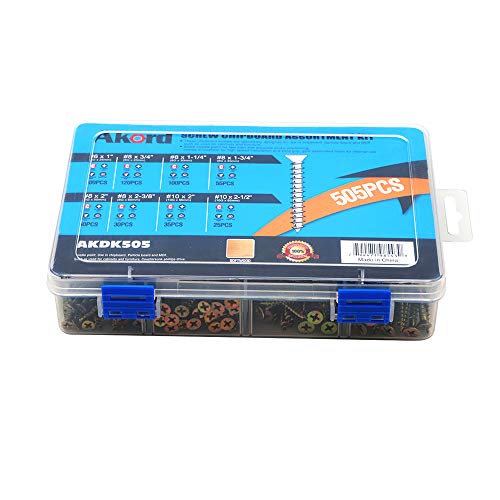 Akord Chipboard Brass Wood Screws Assortment Kit, Phillips Drive, Gold Passivated, 8 Different Specifications Sizes, 505 Pieces
