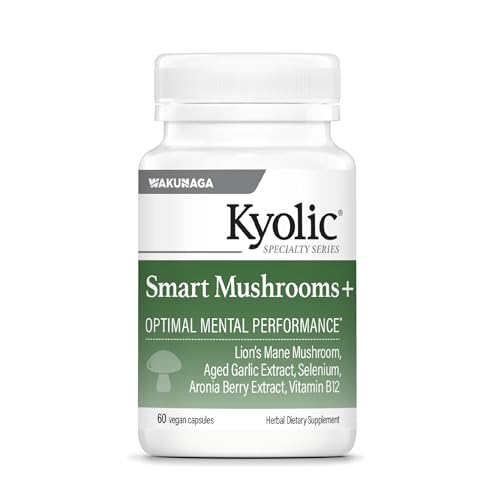 Kyolic Smart Mushrooms+ - Mushroom & Herbal Dietary Supplement - Mental Performance & Long-Term Brain Health Support* - Lion’s Mane Mushroom & Aged Garlic Extract - 60 Capsules
