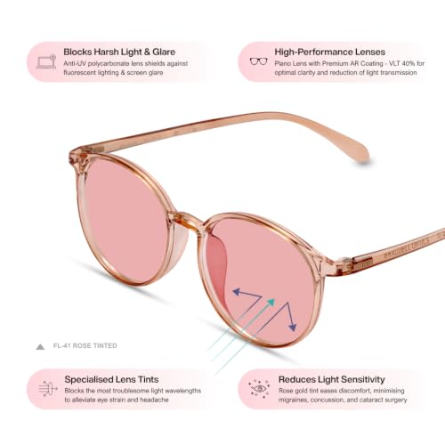 Image of BRADDELL Indoor FL-41 Rose & Outdoor FL-60 Migraine Light Sensitivity Glasses for LED Glare and Concussion (MEDIUM SMALL)