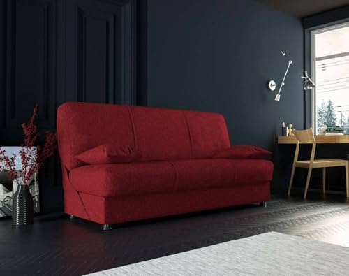Lunga durata Divano Letto 3 posti Alvaro, Divano Contenitore con 2 Cuscini Inclusi, Sofà Tessuto Imbottito con Apertura Click-clack, 180x81h90 cm, Rosso