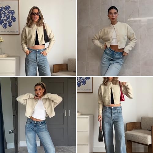 FindThy Women’s Cropped Cardigan Sweater Crewneck Solid Color Long Sleeve Button Down Knitted Outerwear Top4