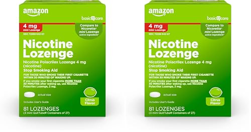 Image of Amazon Basic Care Mini Nicotine Polacrilex Lozenge 4 mg, Citrus Flavor, Stop Smoking Aid, 81 Count (Pack of 2)