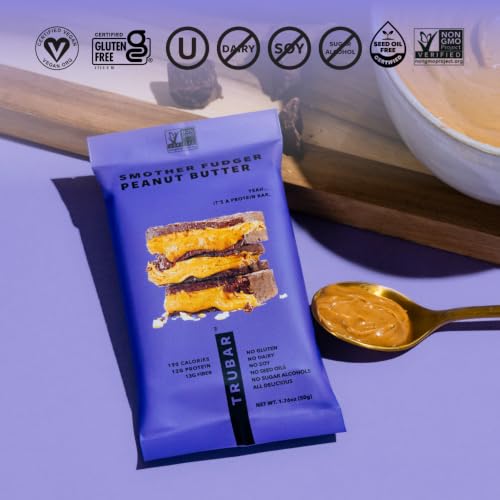 Image of TRUBAR Vegan Protein Bar, Smother Fudger Peanut Butter, Gluten Free, Plant Based Protein, Dairy Free, Non GMO, Soy Free, No Sugar Alcohols, 12G Protein, 13G Fiber, Healthy on the Go Snack Bars, 12 CT