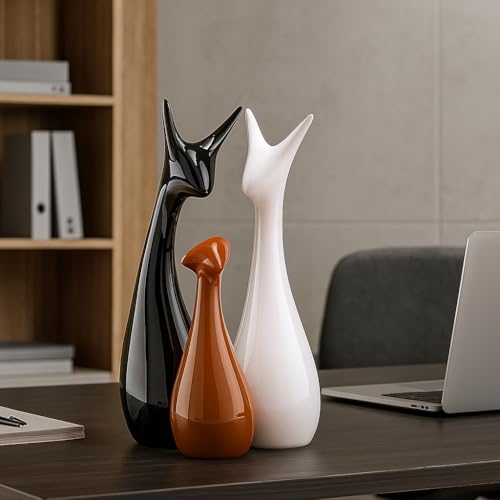Image of LIFEHAXTORE Home Decoration Lucky Deer Family Set | Piano Finish Ceramic Figures - (Set of 3, Black, White & Brown - Deer Family)