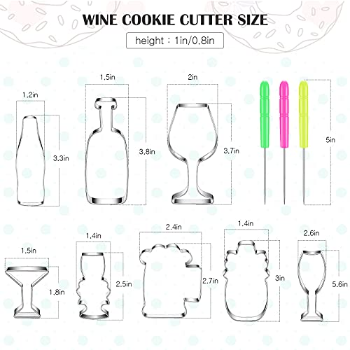 8 Pieces Wine Cookie Cutters Set With Beer Glass, Champagne Glass, Wine Glass, Margarita Glass, Beverage Glass, Wine Bottle Stainless Steel Fondant Biscuit Cutters And 6 Pieces Sugar Stirring Pins #TOP1