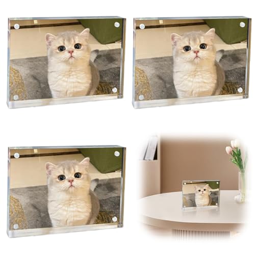 Leikurvo 3 cornici portafoto in acrilico, 10 x 15 cm, cornice magnetica, cornice senza cornice, trasparente, doppio display, spessore 5 mm, magnetico, per scrivania e ufficio