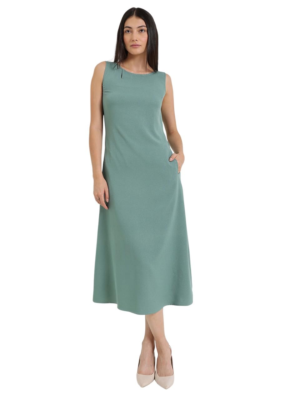 fablestreet Women Formal Dress | Elegant A-Line Fit Sleeveless Boat Neck Solid Color | Premium Stretchable Polymoss Fabric with Keyhole Detail & Pockets for Office & Day-to-Night Wear-picture-22