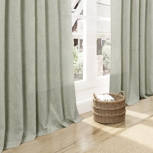 Image of Extra Long Sage Green Curtain 2 Panels 108 inches Long for Living Room Back Tab Rod Pocket Light Filtering Semi Sheer Drapes Cotton Linen Textured Pale Green Window Curtain 108 inch Length 9 FT Tall