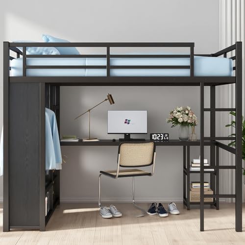 Image of Bellemave Metal Full Size Loft Bed with Desk and Wardrobe,Heavy Duty Loft Bed Frame with Storage Shelves for Kids,Teens,Adults, Space Saving,Black
