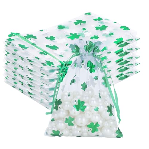 G2PLUS 50PCS St.Patrick's Day Gift Bags Organza 4x6in, Green Foil Shamrock Sheer Mesh Organza Pouches with Drawstring for St.Patrick's Day Party Favors, Candy Gift Bags & Wedding Favors