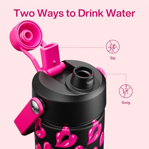 Image of ENCOOL Insulated Water Bottle with Straw Stainless Steel Water Bottle, Leak-Proof, BPA-Free, Keeps Cold for 24 Hours for Sports, Travel, School (26 oz, Kiss Love Pink x Black)
