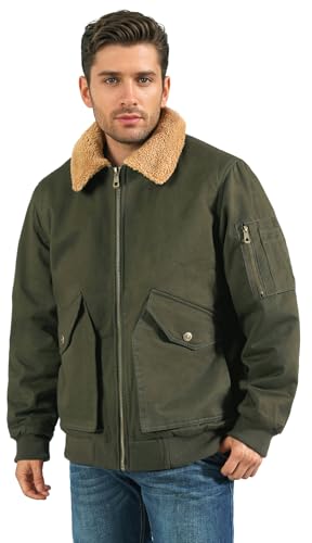Image of LOUECHY Men's Washed Cotton Military Jacket Sherpa Lined Utility Jacket Thick Warm Winter Jacket