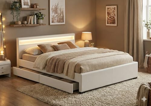 CONCEPT USINE | Lit Double Enfield 160 x 200 cm en Simili Blanc | Design Moderne avec LED Multi-Couleurs et Rangements Intégrés | Tête de Lit Lumineuse avec...