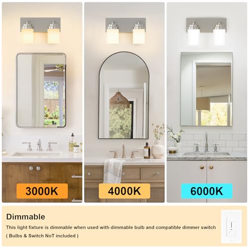 Image of IZORRO Bathroom Vanity Light Fixture, 2-Light 15 Inch Brushed Nickel Bathroom Light Fixtures Over Mirror, with White Glass Shade, Modern Farmhouse Vanity Lights, Rustic Restroom Lighting Fixtures