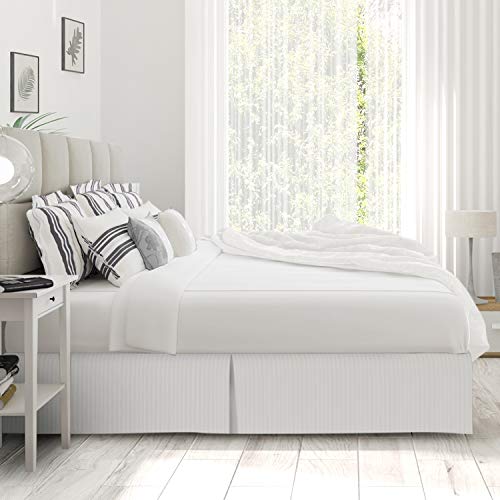 Image of Nestl Queen Bed Skirt - Damask Dobby Stripe Wrap Around Bed Skirt Queen Size - Double Brushed Microfiber 14 in Tailored Drop Pleated Bed Ruffle with Bed Skirt Pins - White