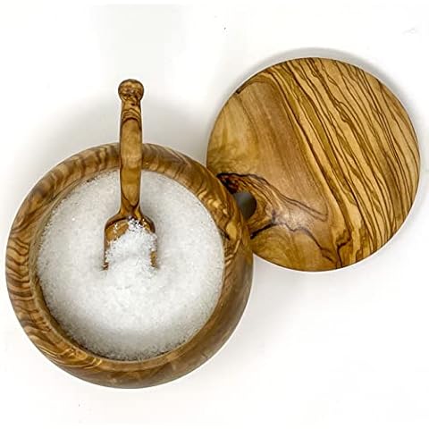 Olive Wood Salt Cellar with Spoon and Lid, Elegant Salt Keeper Natural Handmade Design by Ezo.Home Cover