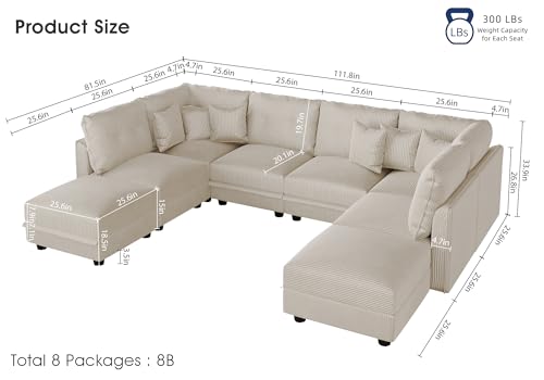 Image of LLappuil 112 inch Modular Sectional Sofa with Storage, U Shaped 8-Seat Pet-Friendly Corduroy Couch with 8 Throw Pillows, Convertible Sofa Set for Living Room & Apartment, Scratch Resistant, Beige