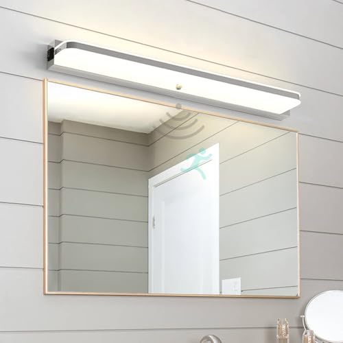 LED Spiegelleuchte Bad Wandleuchten mit Bewegungsmelder Modern Wandbeleuchtung Wasserdicht Wandlampe Bildbeleuchtung für Badzimmer Badschrank Wohnzimmer Schminktisch (Silbernes Neutrales Licht,42cm)
