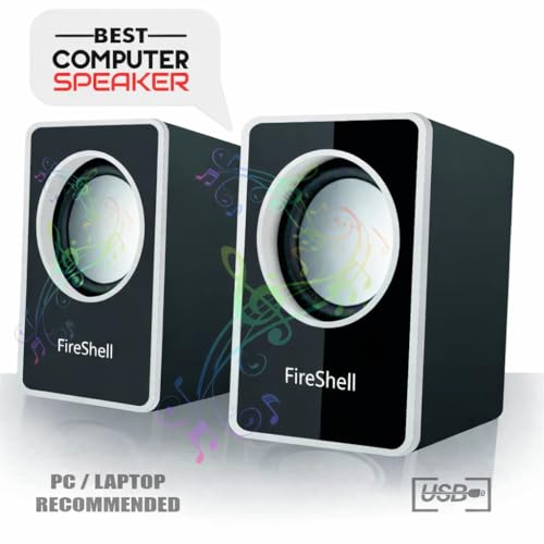 Image of Fireshell USB Powered Computer Speakers 6W Stereo Sound with Multicolor LED Lights, AUX Input & Volume Control Pod for PC, Laptop & Desktop (Black)