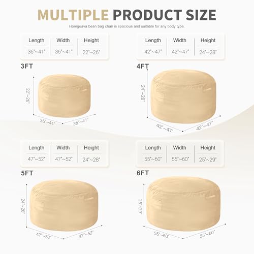 Homguava 6FT Bean Bag Chair Giant BeanBag with Memory Foam Filled, Large Bean Bag Chairs for Adults, Adult Bean Bag Chair with Dutch Velvet Cover for Living Room Bedroom-Khaki