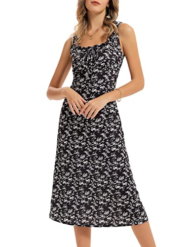 Women's Floral Print Midi Tank Dress Scoop Neck Sleeveless Summer Casual Bohemian Beach Dress Midi Sundress Black M #TOP7