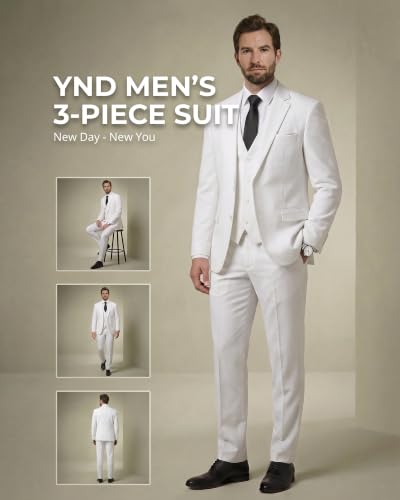 Image of YND Men's 3 Piece Suit with Tie, Solid Color Slim Fit Jacket Vest and Pants
