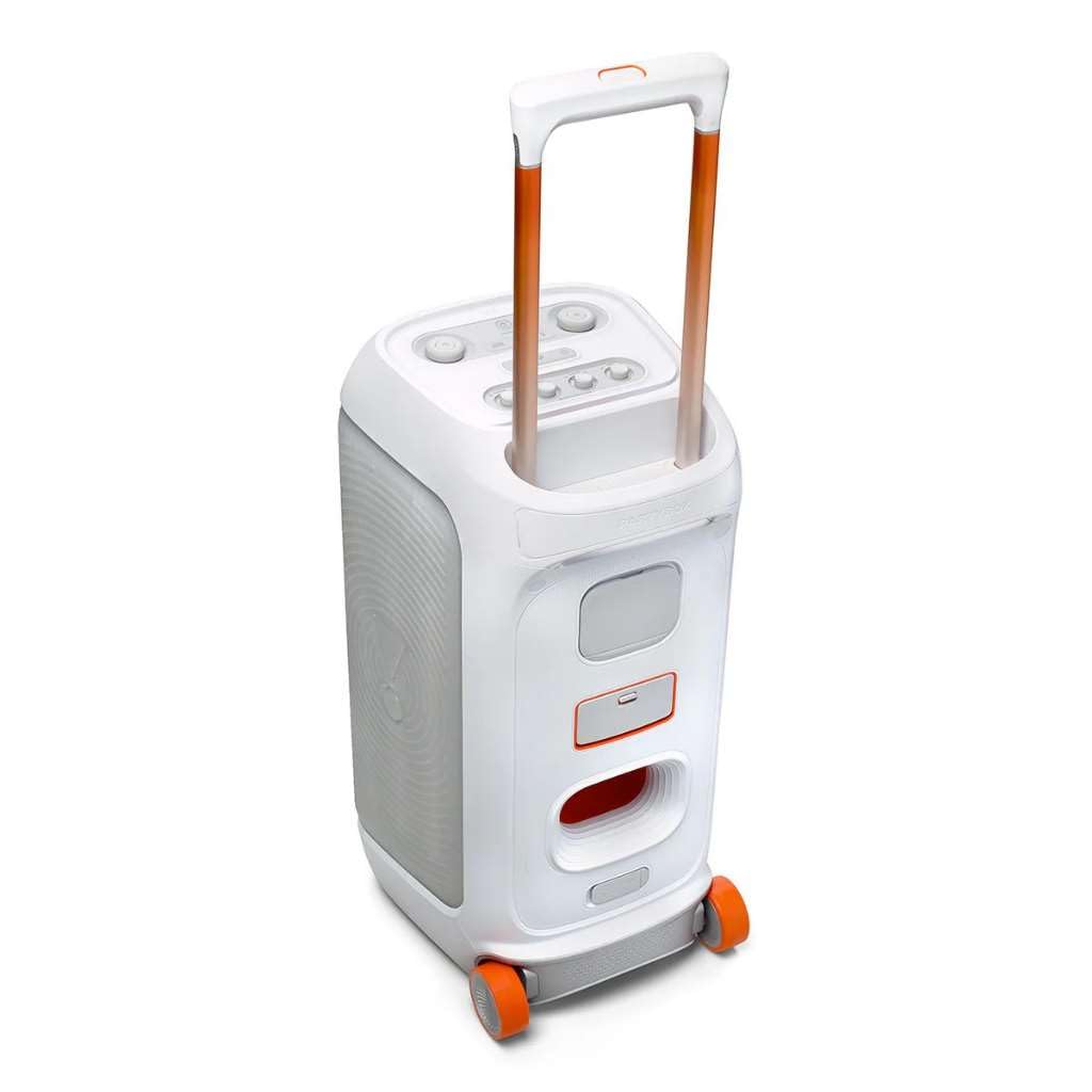 JBL PartyBox Stage 320 - Altavoz portátil para fiesta con sistema de micrófono inalámbrico (blanco)