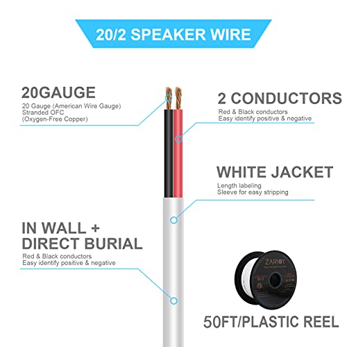 Zarivy 50 Feet 20 Gauge 2 Conductors Red Black Wire With Fire Resistant Cl2 White Jacket, 20Awg Ofc Hookup Electrical Wire Led Strips Extension Cord Cable For Led Ribbon Lamp Tape Lighting #TOP2