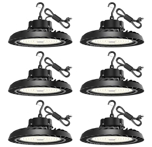 UFO LED High Bay Light 200W 6 Pack, High Bay LED Light 30,000LM (150LM/W) 1-10V Dimmable, 5' Cable with Plug, Hanging Hook, Safe Rope, ETL Listed High Bay Light for Factory Warehouse Workshop