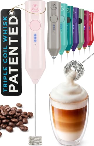 Image of Zulay Kitchen Rechargeable Milk Frother Handheld - Frother Wand, Drink Mixer, Electric Whisk Frother, for Cappuccinos, Matcha & Protein Powder - Dynamic Triple Whisk, 3 Speed 500mAh Cotton Candy Pink