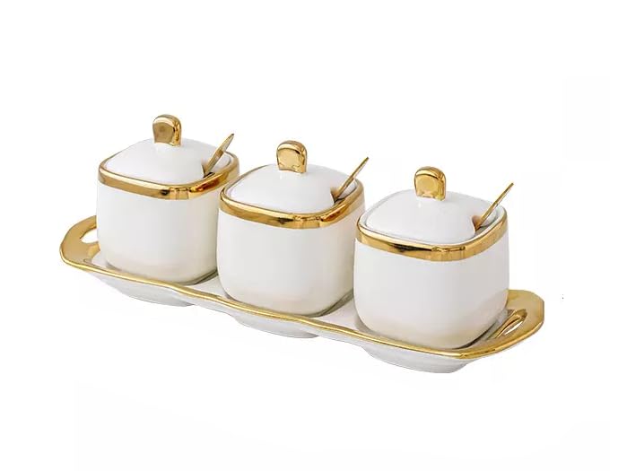 Image of JRM 3Pcs Condiment Jar Condiment Seasoning Pot with Ceramic Tray, Serving Spoon and Lid for Tea Sugar Coffee Salt Pepper and Spices (White)