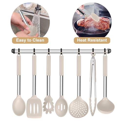 E-far Khaki Silicone Cooking Utensils Set of 7, Kitchen Accessories for Kitchen