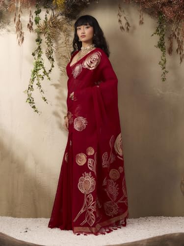 Image of AKHILAM Women's Kanjivaram Pure Silk Floral Printed Saree With Unstitched Blouse Piece