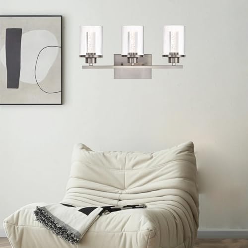 Image of 3-Light Brushed Nickel Bathroom Vanity Lights Over Mirror,Dimmable LED Wall Light Fixtures with Clear Glass Shade,5CCT Adjustable Lighting for Bedroom,Livingroom,Cabinets