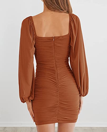Image of MEROKEETY Women Square Neck Lantern Long Sleeve Mesh Ruched Bodycon Clubwear Mini Dress