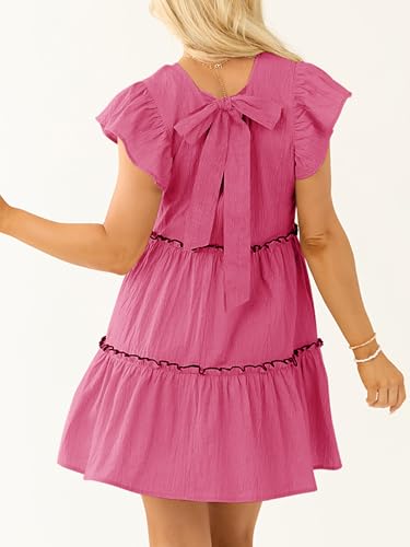 Image of Women's Summer Babydoll Mini Dress V Neck Tie Back Ruffle Sleeve Casual Tiered Loose Flowy Swing Tunic Shift Dress