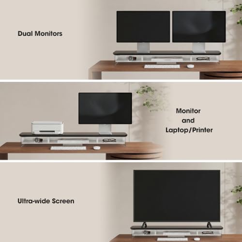 Image of Fenge 42.5 inch Dual Monitor Stand with Clear Acrylic Legs, Black | Clear Acrylic, Storage Compartment, 2-tier Home Office Monitor Riser, Wide Large Desktop Shelf Fit Monitor /Laptop /Printer