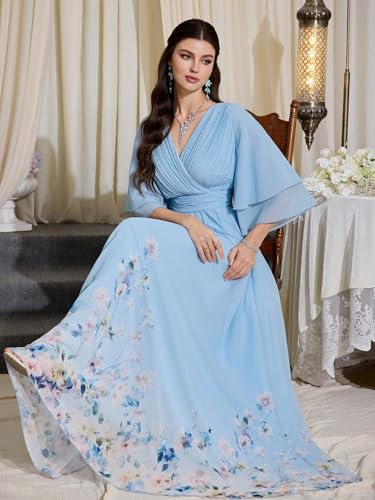 Image of TOLEEN Summer Casual Dresses for Women 2024 Spring Fashion Boho V Neck Long Sleeve Ruffle Floral Print Elegant Maxi Dress