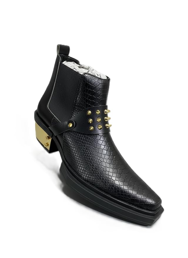 jk port Unisex Chelsea Boots | Studded Ankle Booties with Gold Metallic Heel | Faux Croc Textured Leather Slip-On Wear Shoes | Casual Fashion Footwear-picture-29