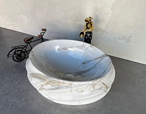 Image of Designer Glossy Finish Ceramic Art Table Top Wash Basin For Bathroom | Collapsible Countertop Washbasin (Black White Glossy Art, 16 x 13 x 6 Inch)