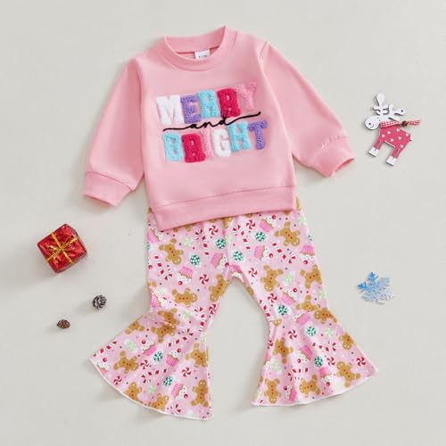Dcohmch Toddler Girl Christmas Outfit Letter Embroidery Long Sleeve Sweatshirt Bell Bottom Pants Baby Girls Fall Clothes3
