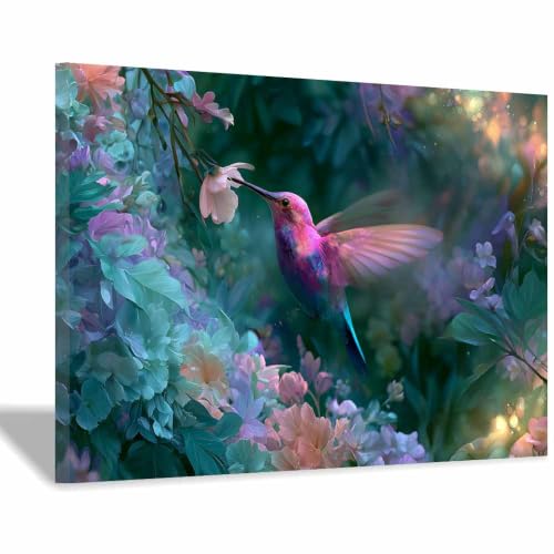 Peinture colibris magiques 30x45cm encadrée pour raviver un mur de salon terne et vide