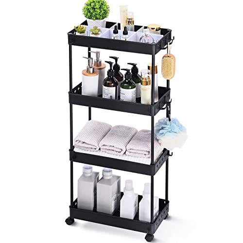 KINGRACK Slim Storage Trolley, Narrow Rolling Cart 4 Tier on Wheels, 22cm Wide Slide out Rolling Utility Cart with Hooks Dividers for Kitchen or Living Room, Laundry Room,Office Bathroom, Black