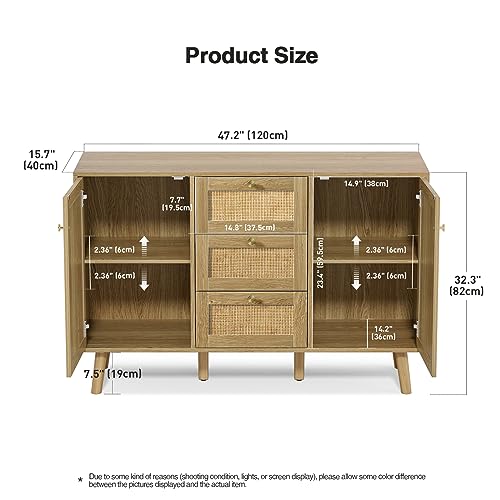 Giluta-Sideboard-Buffet-Cabinet-3-Drawers-Cabinet-with-2-Doors-Boho-Accent-Storage-Cabinet-Living-Room-Cupboard-Console-Table-with-Adjustable-Shelves-for-Kitchen - Urban Country Home Decor Giluta-Sideboard-Buffet-Cabinet-3-Drawers-Cabinet-with-2-Doors-Boho-Accent-Storage-Cabinet-Living-Room-Cupboard-Console-Table-with-Adjustable-Shelves-for-Kitchen