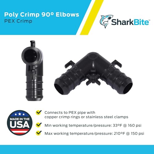 Image of SharkBite 1 /2 Inch Poly Crimp 90 Degree Elbow, Pack of 25, PEX Pipe, PE-RT, UP248